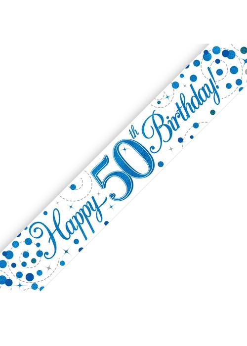 Age 50 Blue Silver Happy 50th Birthday 9ft foil Banner Party Decor Holograpic