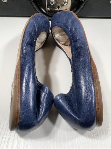 Prada 40 Ballet Flats Blue Leather Lined Foldable Slip On Travel Gold Name Logos - Picture 15 of 24
