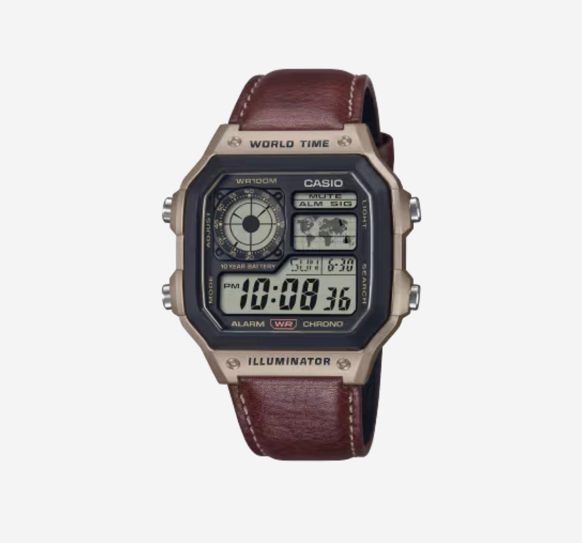 Casio AE-1200WHL-5A Digital World Time Brown Leather Band Men's