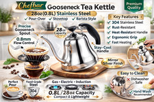 Chefbar Gooseneck Pour Over Tea Coffee Kettle/Stovetop, Gas, Electric, Induction