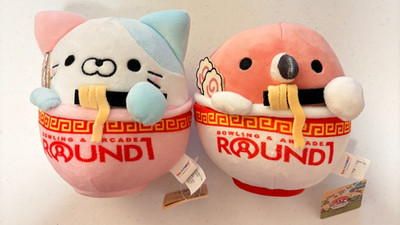 Takashoji Cat & Takashoji Flamingo in Ramen Bowl Plush 5   Round1 Exclusive NEW!