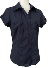 Divided H&M Womens Top Short Sleeve Button Blouse Navy Blue 12 Large