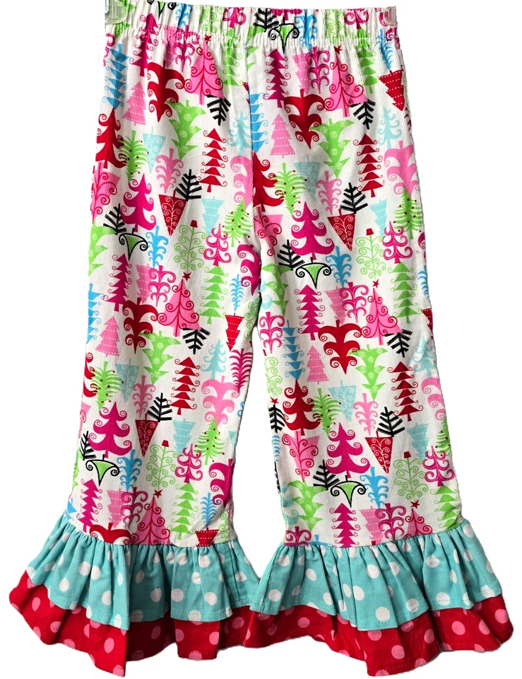 Calça Mudpie Árvore de Natal Babado 4T Pull On Mini Veludo Bolinhas Rosa Azul-petróleo - Imagem 2 de 4