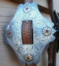 Broken Horn Silver Overlay Red Stones Large Silver Buckle Horse Show Headstall