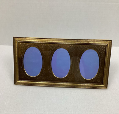 Vintage Ornate Embossed Brass Mat Gold Gilt Triple Photo Wood Frame 11'' x 5.25''