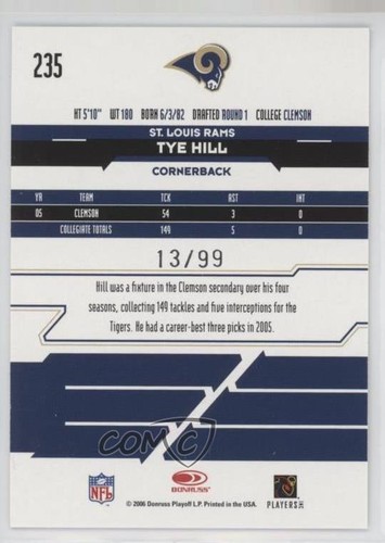 2006 Leaf Rookies & Stars Rookie Longevity Parallel /99 Tye Hill #235 RC - Picture 2 of 3