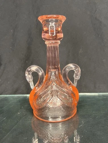 VIBRANT! VTG! Fenton Pink/Peach Rose Glass Swan Candlestick Holder HTF!