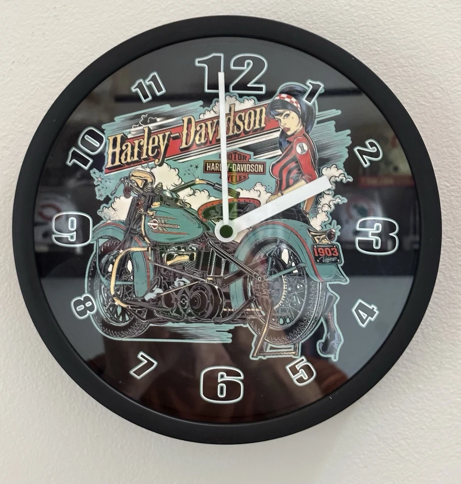 "Reloj de pared Harley-Davidson vintage azul con hembra 9""" Foto 3 de 3