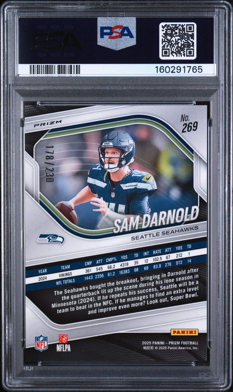 2025 Sam Darnold PSA 10 Blue Wave Prizm /230 #269 Seahawks Super Bowl Champions view 2