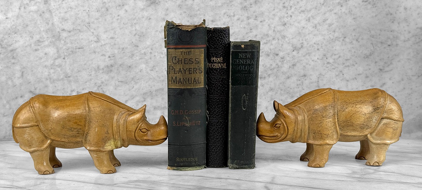 Vintage Teak African Rhino Carved Sculpture - A Pair