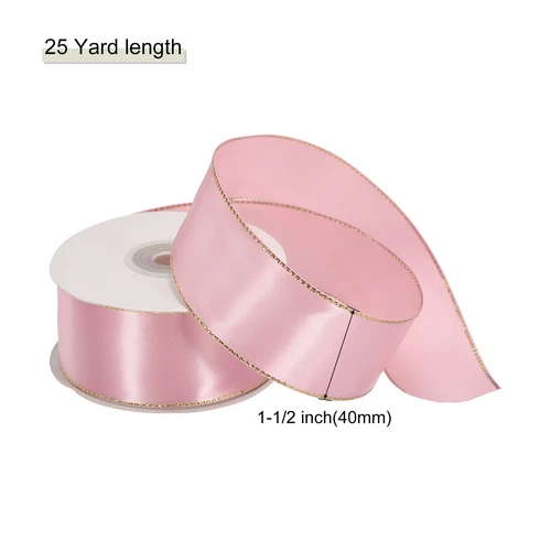 1 1/2 Inch 25 Yard Wide Satin Ribbon w Gold Edges Border Grosgrain Fabric Pink - Picture 2 of 7
