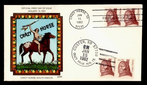 DR WHO 1982 FDC INDIAN CRAZY HORSE COLLINS HAND COLORED DUAL CANCEL M75318