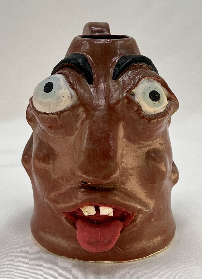 Vintage Face Head Jug Vase Handle Folk Pottery Devil Tongue Lips Teeth Eyes OOAK