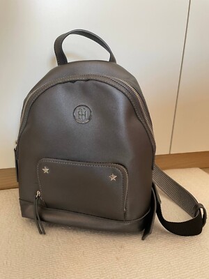Tommy Hilfiger Rucksack Damen Grau Anthrazit Metallic Öko Leder Pre Owned