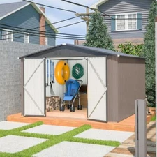 10' x 10' Metal Storage Shed with Lockable Doors for Garden Outside Use Brown