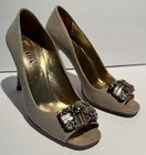 PRADA Beige Linen Jeweled Gold Lame Leather Open Toe High Heel Shoes Pumps Bag 9 — photo 2