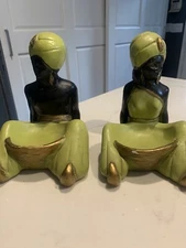 Vintage MCM Black Nubian Genie Chalkware Ashtray Man And Woman Pair