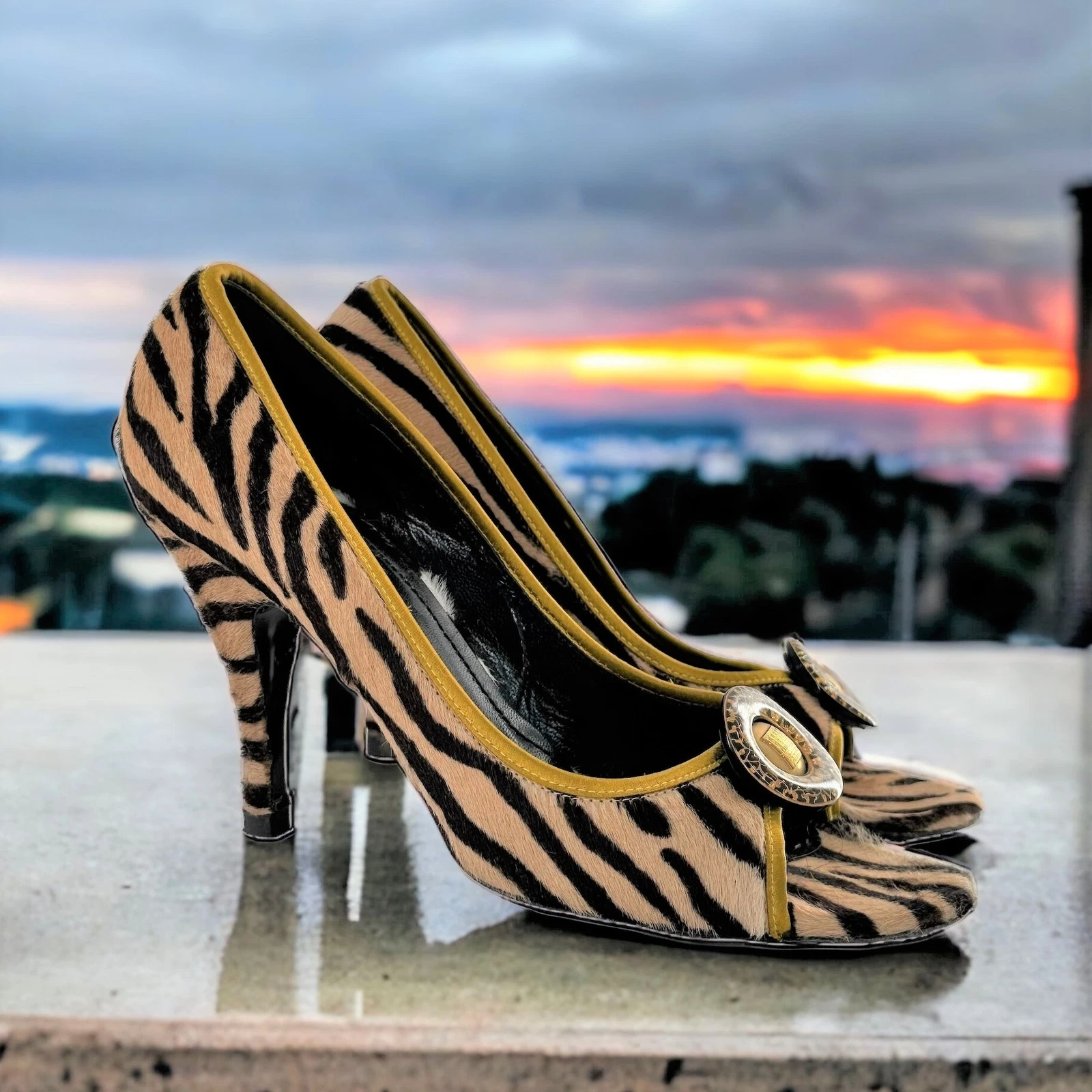 Decolte vintage FENDI marroni stampa righe tigre capelli di vitello punta aperta tacco taglia 38