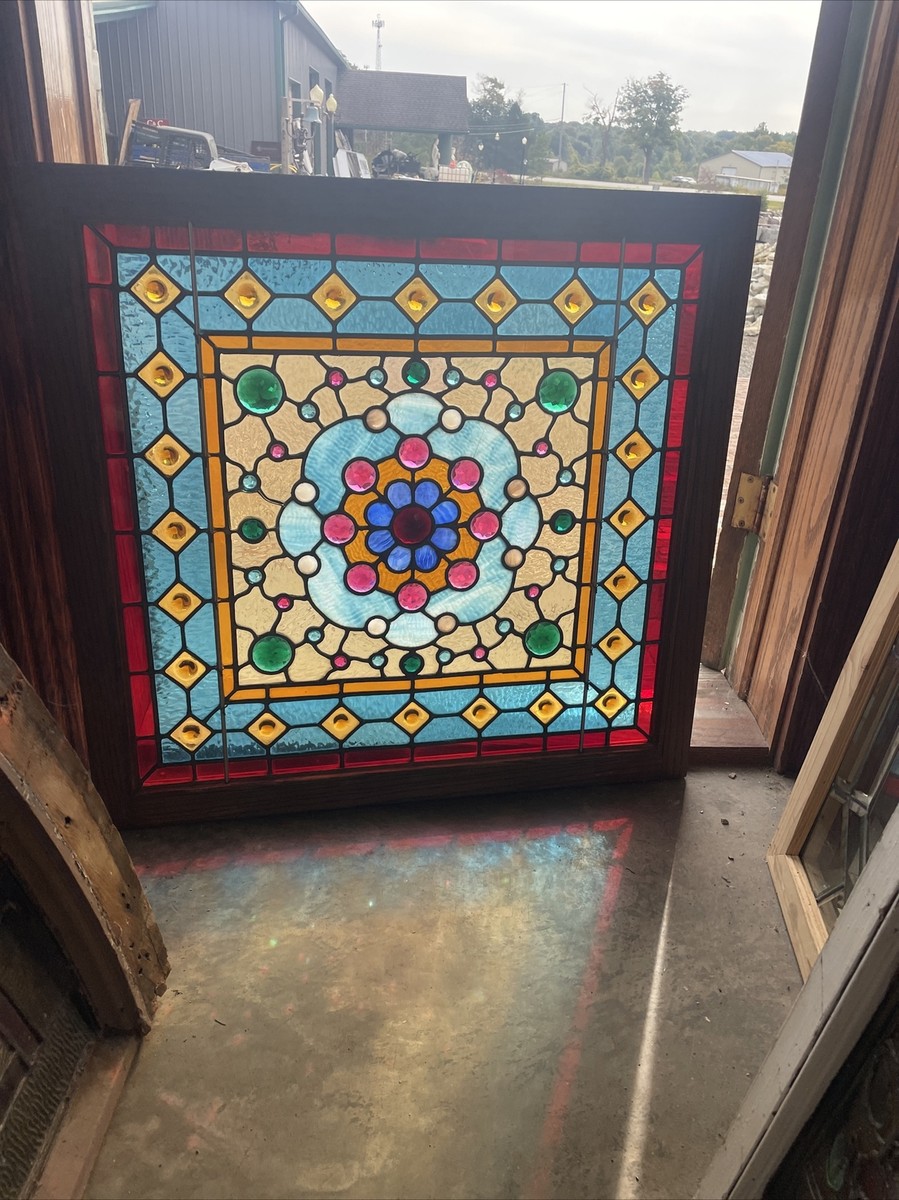 SG4488 antique jeweled stained glass window 30 x 31.25 | eBay