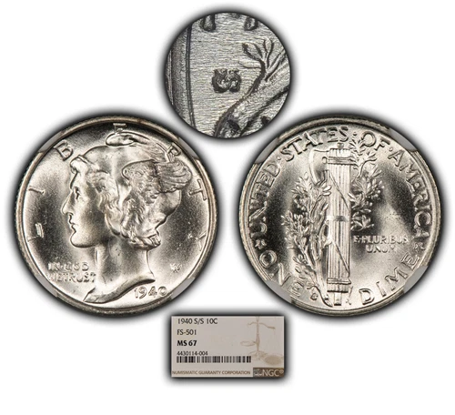 1940-S/S 10c Mercury Dime - Frosty White PQ Coin- FS-501 RPM - NGC MS 67 - B3805