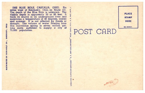 Vintage Linen Postcard Castalia Ohio OH The Blue Hole Aerating Water Wheel UNP - Picture 2 of 2
