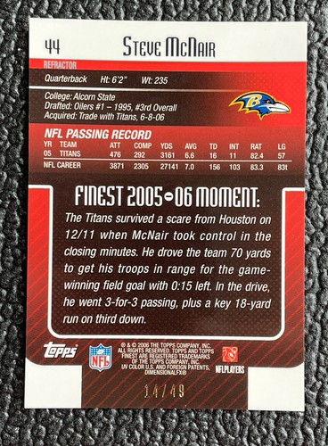 🔥STEVE MCNAIR 2006 TOPPS FINEST GOLD REFRACTOR #'d /50!!🔥TITANS! - Picture 2 of 2