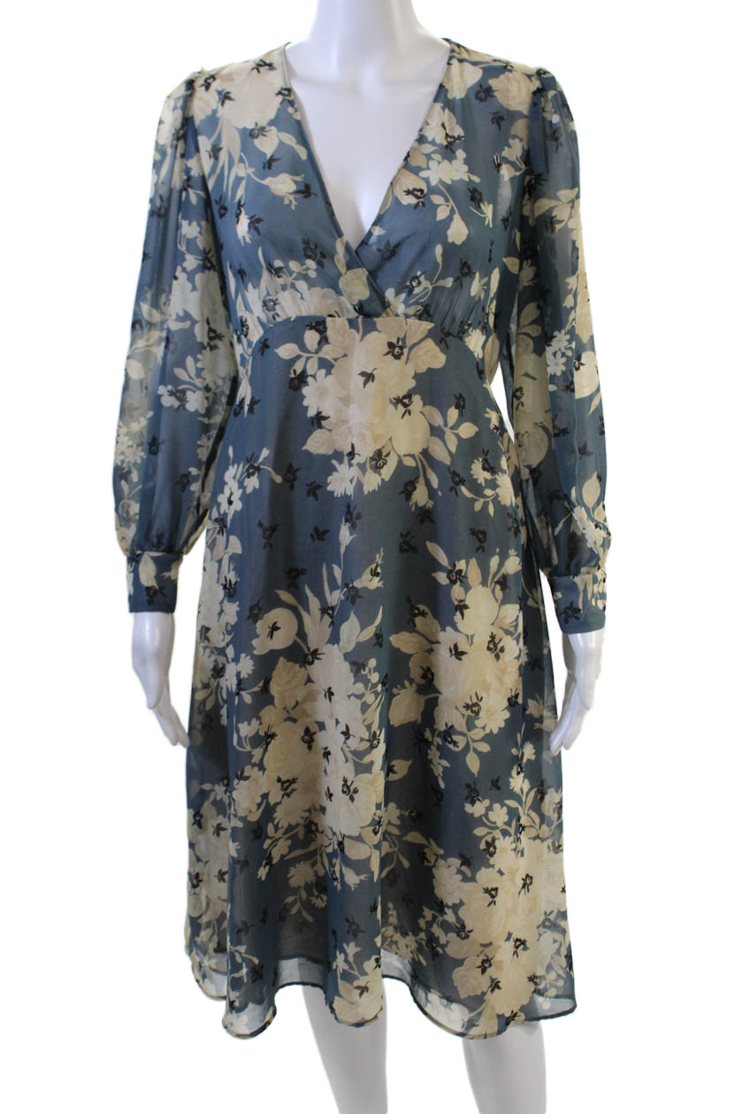 Zara Womens Floral Print Sheer Bishop Sleeve V-Neck Maxi Dress Blue Size SFree Shipping in US $100+ Orders | $6.95 Orders Below
