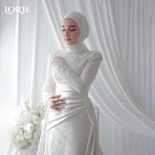 Vintage Satin Wedding Dress HighCollar Bridal Gowns Lace Muslim Bride Dress