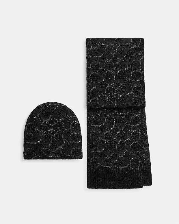 NEW COACH Signature Metallic Beanie And Muffler Gift Set CCT69 Black image 6