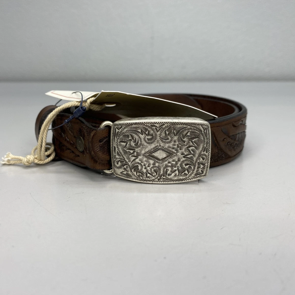 Ralph Lauren Vintage hand tooled leather belt with brass buckle. RRL Hand-Tooled Embossed Leather Coleman Belt - Brown  main image 3