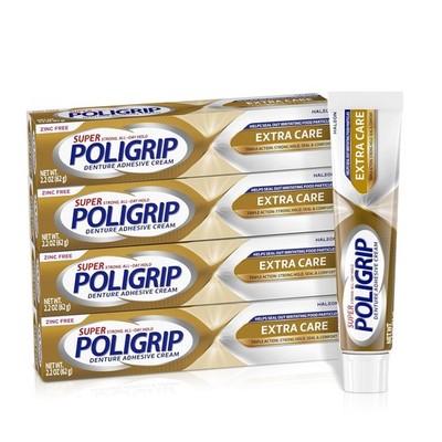 Super Poligrip Zinc Free Denture and Partials Adhesive Cream, 2.2 ounce, 4 Pack