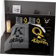 King and Crown Comforter Set Couple Bedding Set  3Pcs Mr Queen Black and Gray