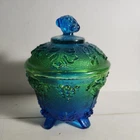 Jeanette Glass 3525 Footed Covered Candy Dish Blue Green Grapes & Leaves
