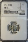 1964 -D Silver Roosevelt Dime 10 Cents NGC Certified MS65 Coin