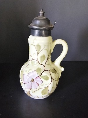 Antique Victorian Art Nouveau Hand Painted Ceramic Tankard Pitcher Pewter Lid...