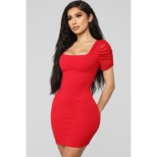 (A4) Fashion Nova Womens Red Ruched Mesh Sleeve Square Neck Bodycon Mini Dress M