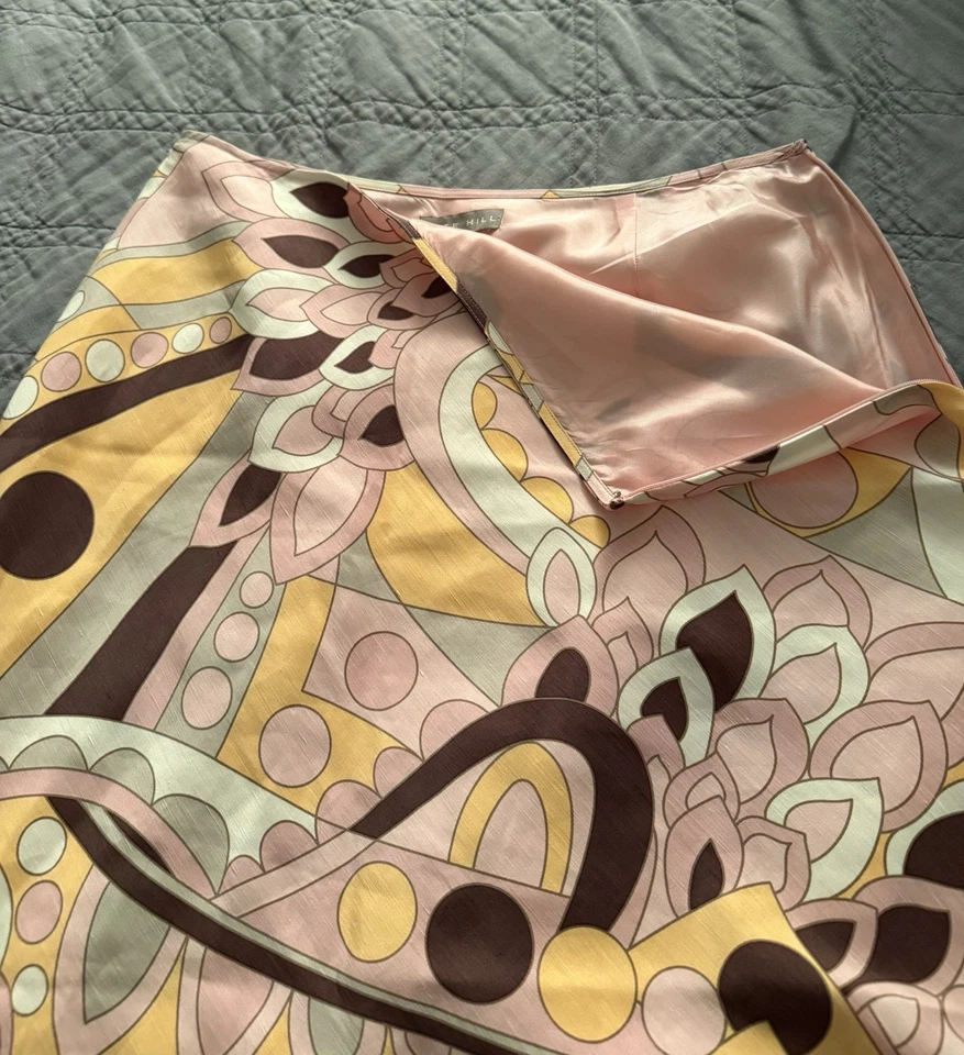 Kate Hill NWT Silk/Linen Multi Colored Geometric Lined Midi Skirt Size 14 - Image 2 of 4