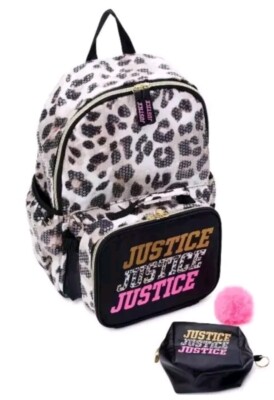 JUSTICE Girls 17'' Backpack Set with Lunch Bag, PomPom & Pouch Leopard 4-Pcs