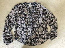 NEW H&M Women's Purple Floral Ruffle Long Sleeve Sheer Top Blouse Size 4 Button