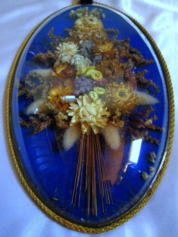 CADRE VERRE BOMBE Napoléon III Fleurs Sechées Souvenir Mariage Frame Rahmen XIXe - Photo 3/4