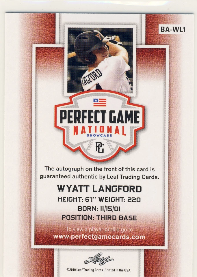 WYATT LANGFORD 2019 Leaf Perfect Game National Showcase Green AUTO /10 RANGERS - Image 2 of 2