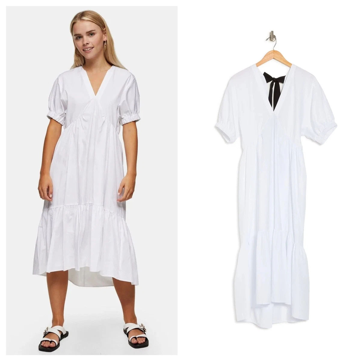 TOPSHOP White Poplin Bow Back V-neck Midi Dress Tiered Flowy Size