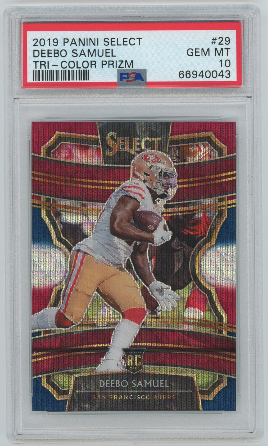 DEEBO SAMUEL 2019 PANINI SELECT CONCOURSE TRI-COLOR PRIZM RC /199 PSA 10 GEM