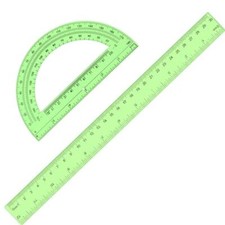 2 Pack 12 Inch Plastic Ruler and 6 Inch Plastic Protractor Set Clear Green