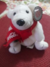 1998 Coca Cola Bean Bag Plush 5 1/2" Polar Bear Soda Cap Tag Red Scarf
