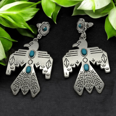 Thunderbird Turquoise Eagle Silver Earrings Boho Native American Tribal Jewelry