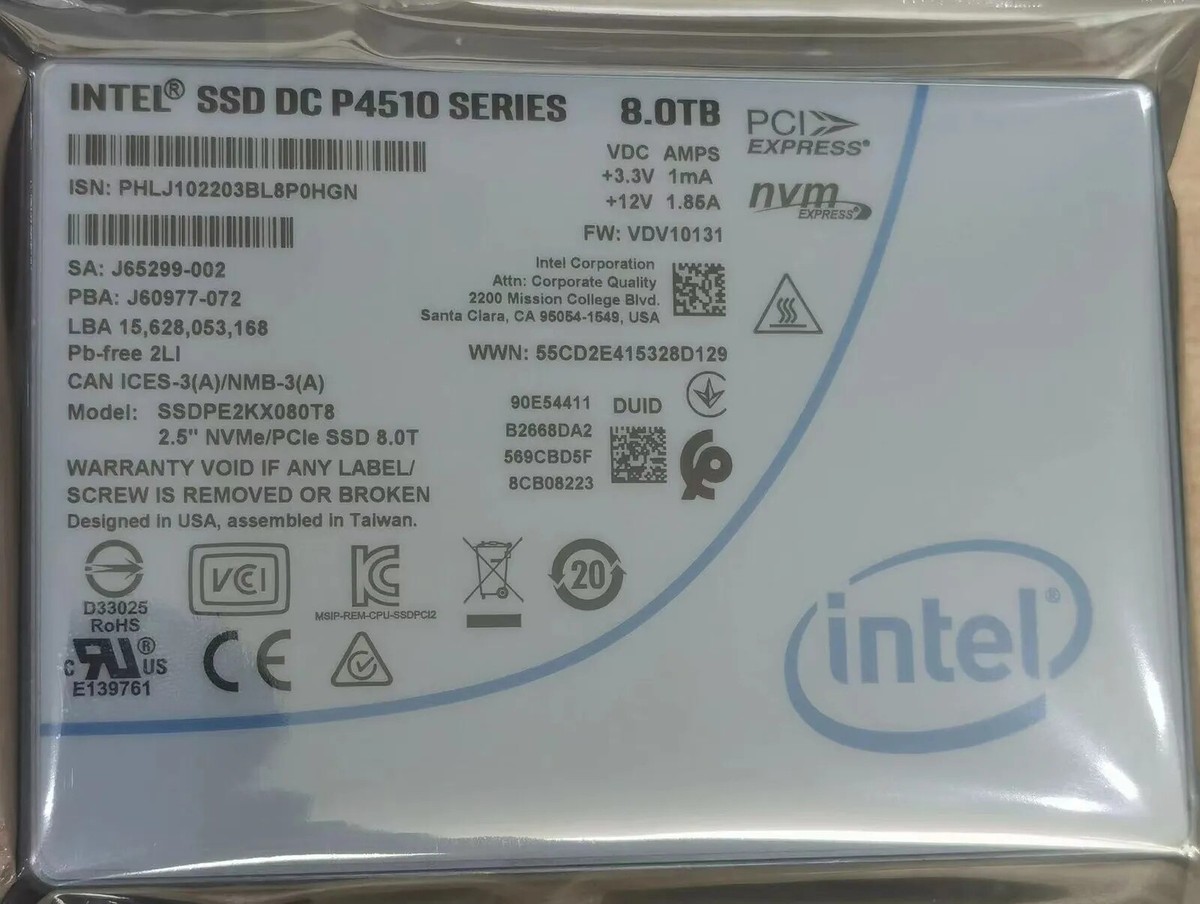 Intel P4510 8TB SSD Series DC NVME SSDPE2KX080T8 Solid