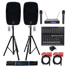  2 Rockville BPA15 15" 1600w Active PA/DJ Speakers Mixer Mic Stands Cables Bag