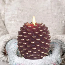 Set of 1 Luminara Flameless Pine Cone Unscented Wax Candles with Remote Brown 