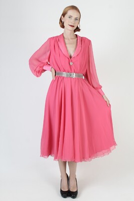 Vtg Hot Pink Chiffon Party Dress Oversized Sheer Sleeve Cocktail Dancing Midi | eBay Vtg Hot Pink Chiffon Party Dress Oversized Sheer Sleeve Cocktail Dancing Midi | eBay